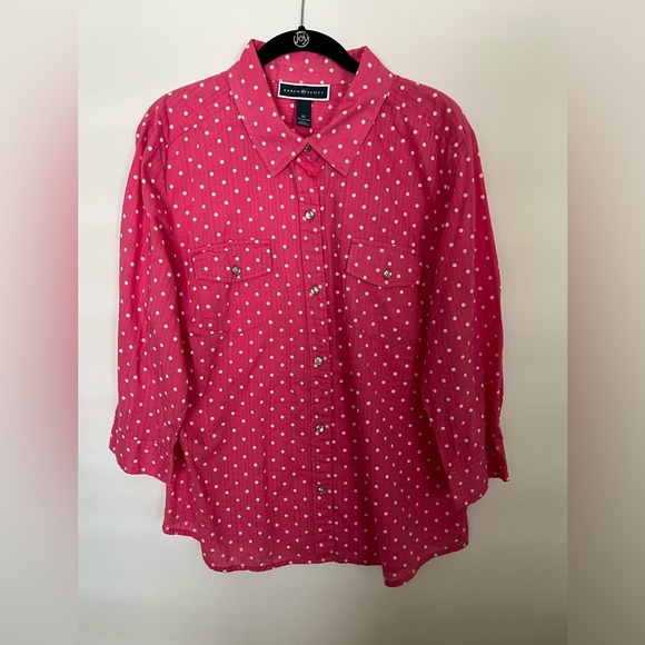 KAREN SCOTT PINK AND WHITE POLKA  DOT LONG SLEEVE BLOUSE. - Picture 1 of 5